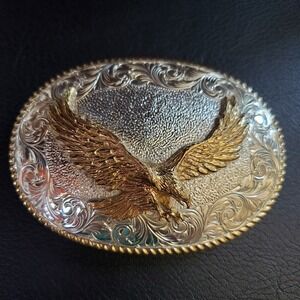 Crumrine El Arturo Bronze Soaring Eagle Belt Buckle Silver Gold Two Tone Oval